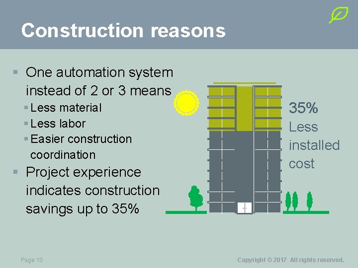 Construction reasons § One automation system instead of 2 or 3 means § Less