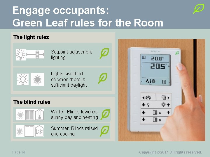 Engage occupants: Green Leaf rules for the Room The light rules Setpoint adjustment lighting