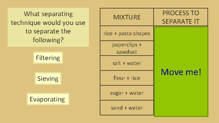 What separating technique would you use to separate the following? Filtering Sieving Evaporating MIXTURE