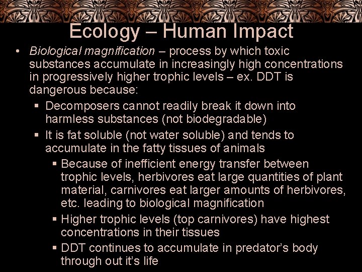 Ecology – Human Impact • Biological magnification – process by which toxic substances accumulate