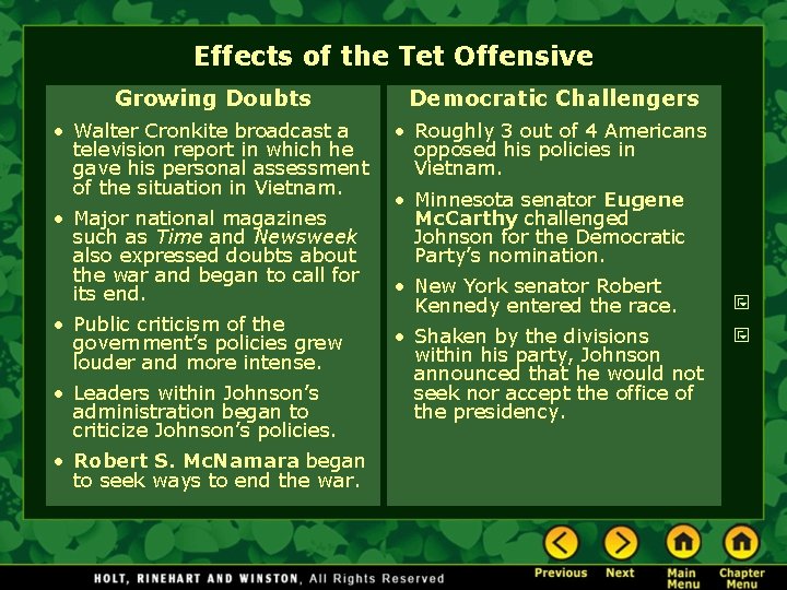 Effects of the Tet Offensive Growing Doubts Democratic Challengers • Walter Cronkite broadcast a