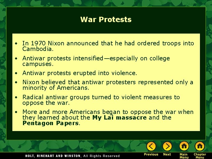 War Protests • In 1970 Nixon announced that he had ordered troops into Cambodia.