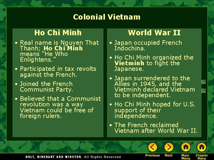 Colonial Vietnam Ho Chi Minh • Real name is Nguyen That Thanh; Ho Chi