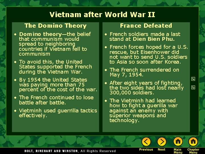 Vietnam after World War II The Domino Theory • Domino theory—the belief that communism