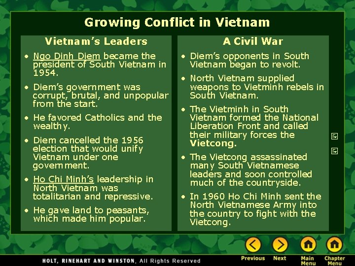 Growing Conflict in Vietnam’s Leaders • Ngo Dinh Diem became the president of South