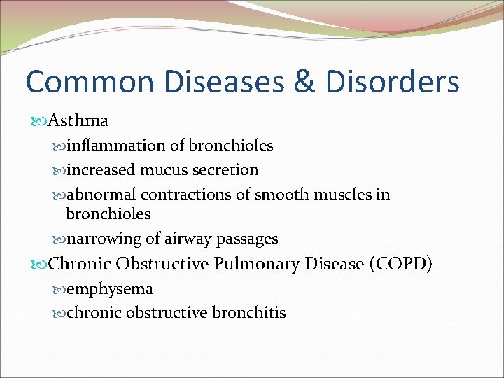 Common Diseases & Disorders Asthma inflammation of bronchioles increased mucus secretion abnormal contractions of