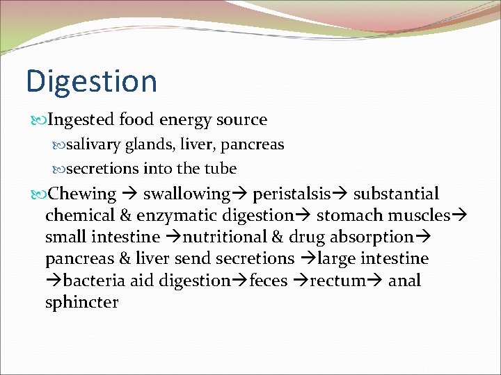 Digestion Ingested food energy source salivary glands, liver, pancreas secretions into the tube Chewing