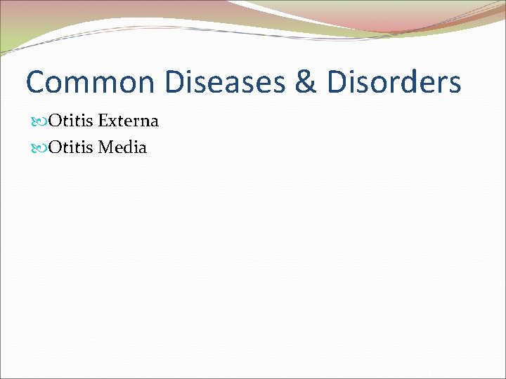 Common Diseases & Disorders Otitis Externa Otitis Media 
