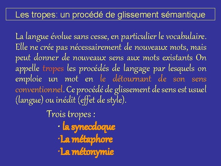 Les tropes: un procédé de glissement sémantique La langue évolue sans cesse, en particulier Les tropes: un procédé de glissement sémantique La langue évolue sans cesse, en particulier