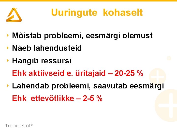 Uuringute kohaselt ‣ Mõistab probleemi, eesmärgi olemust ‣ Näeb lahendusteid ‣ Hangib ressursi Ehk