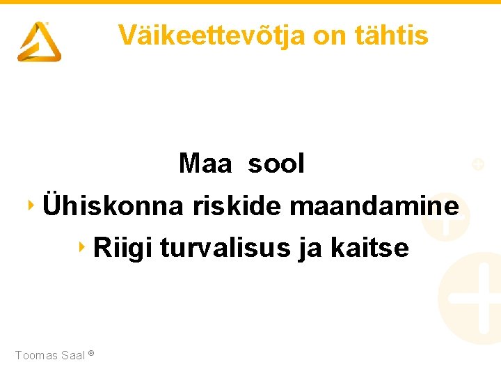 Väikeettevõtja on tähtis Maa sool ‣ Ühiskonna riskide maandamine ‣ Riigi turvalisus ja kaitse
