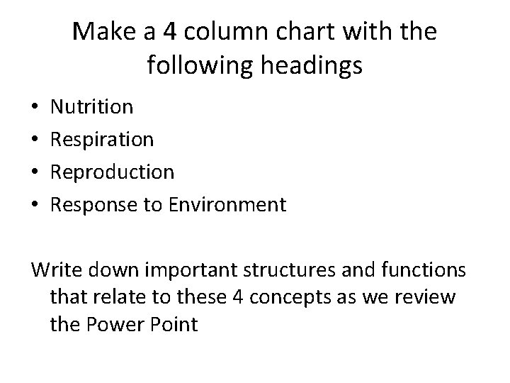 Make a 4 column chart with the following headings • • Nutrition Respiration Reproduction