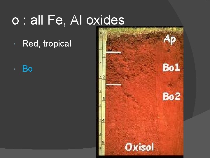 o : all Fe, Al oxides Red, tropical Bo 