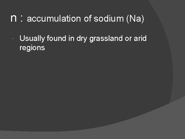 n : accumulation of sodium (Na) Usually found in dry grassland or arid regions