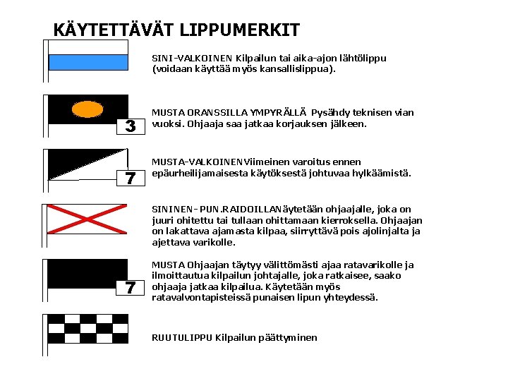 KÄYTETTÄVÄT LIPPUMERKIT SINI-VALKOINEN Kilpailun tai aika-ajon lähtölippu (voidaan käyttää myös kansallislippua). 3 7 MUSTA