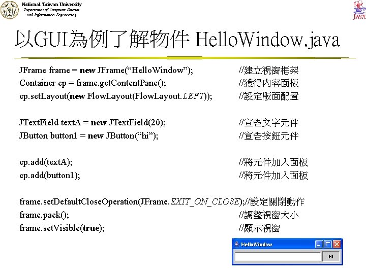 National Taiwan University Department of Computer Science and Information Engineering 以GUI為例了解物件 Hello. Window. java