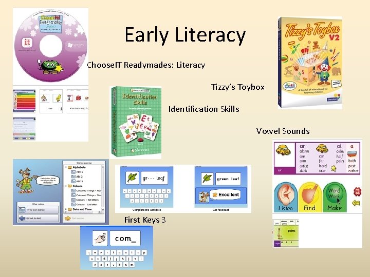 Early Literacy Choose. IT Readymades: Literacy Tizzy’s Toybox Identification Skills Vowel Sounds First Keys