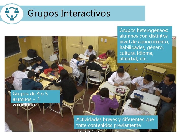 Grupos Interactivos Grupos heterogéneos: alumnos con distintos nivel de conocimiento, habilidades, género, cultura, idioma,