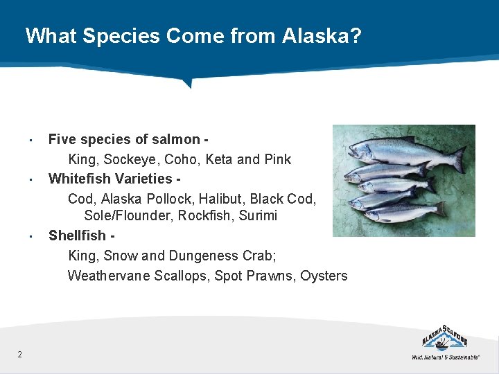 What Species Come from Alaska? • • • 2 Five species of salmon King,