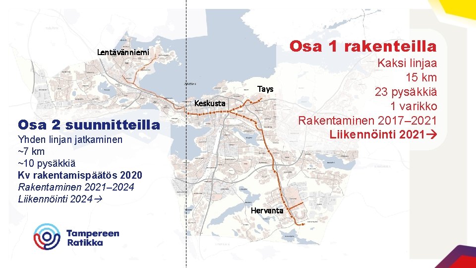 Osa 1 rakenteilla Lentävänniemi Tays Keskusta Osa 2 suunnitteilla Yhden linjan jatkaminen ~7 km
