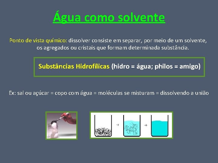 Água como solvente Ponto de vista químico: dissolver consiste em separar, por meio de