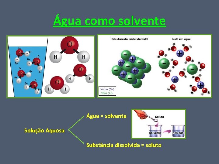 Água como solvente Água = solvente Solução Aquosa Substância dissolvida = soluto 