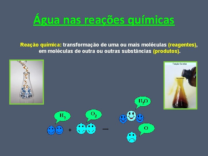 Água nas reações químicas Reação química: transformação de uma ou mais moléculas (reagentes), em