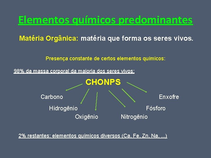 Elementos químicos predominantes Matéria Orgânica: matéria que forma os seres vivos. Presença constante de