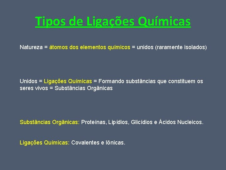 Tipos de Ligações Químicas Natureza = átomos dos elementos químicos = unidos (raramente isolados)