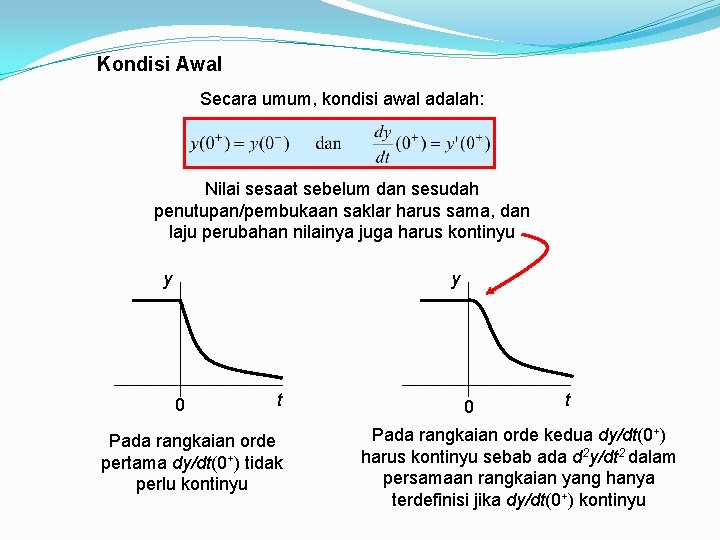 Kondisi Awal Secara umum, kondisi awal adalah: Nilai sesaat sebelum dan sesudah penutupan/pembukaan saklar