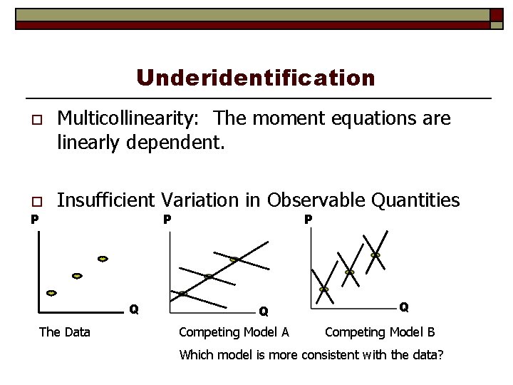 Underidentification o Multicollinearity: The moment equations are linearly dependent. o Insufficient Variation in Observable