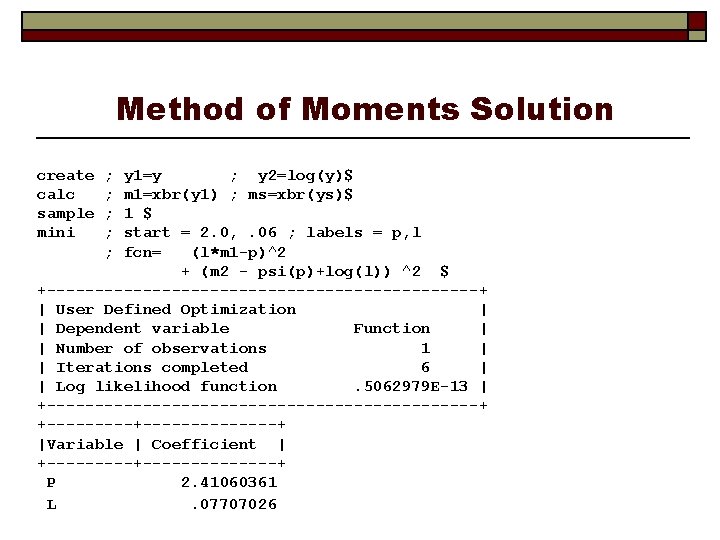 Method of Moments Solution create calc sample mini ; ; ; y 1=y ;