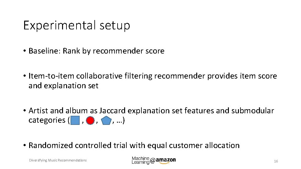 Experimental setup • Baseline: Rank by recommender score • Item-to-item collaborative filtering recommender provides