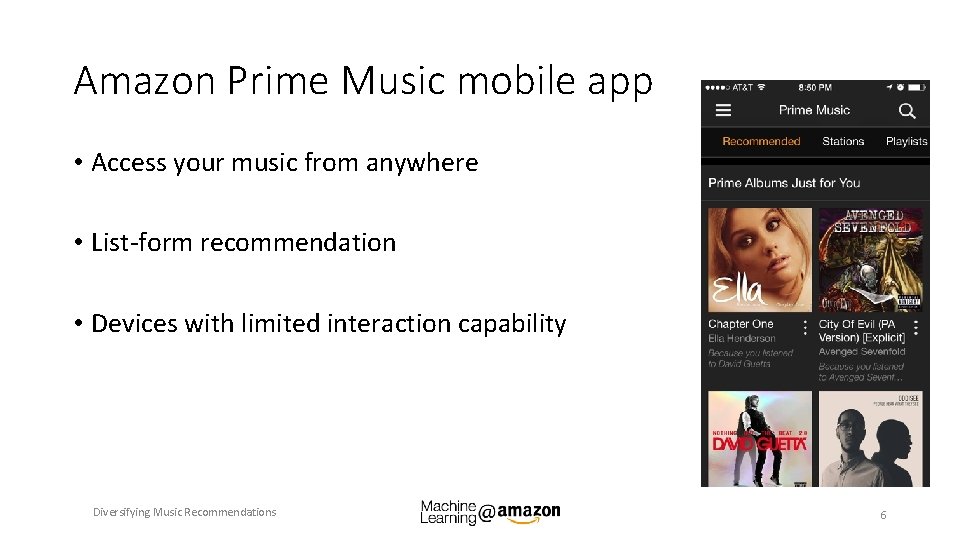 Amazon Prime Music mobile app • Access your music from anywhere • List-form recommendation