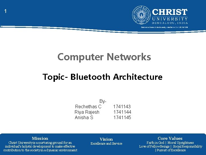 1 Computer Networks Topic- Bluetooth Architecture By. Rechethas C Riya Rajesh Anisha S Mission