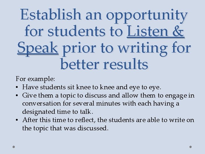 Establish an opportunity for students to Listen & Speak prior to writing for better