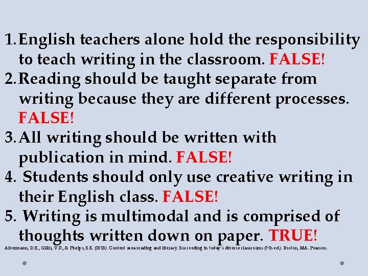 1. English teachers alone hold the responsibility to teach writing in the classroom. FALSE!
