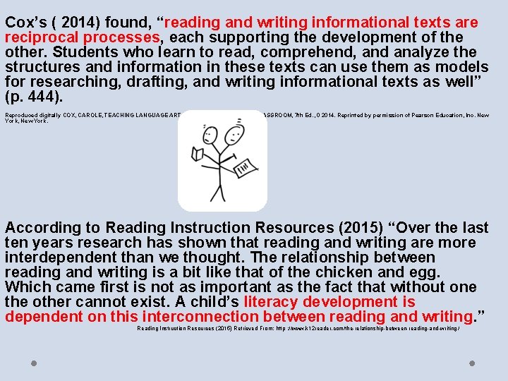 Cox’s ( 2014) found, “reading and writing informational texts are reciprocal processes, each supporting