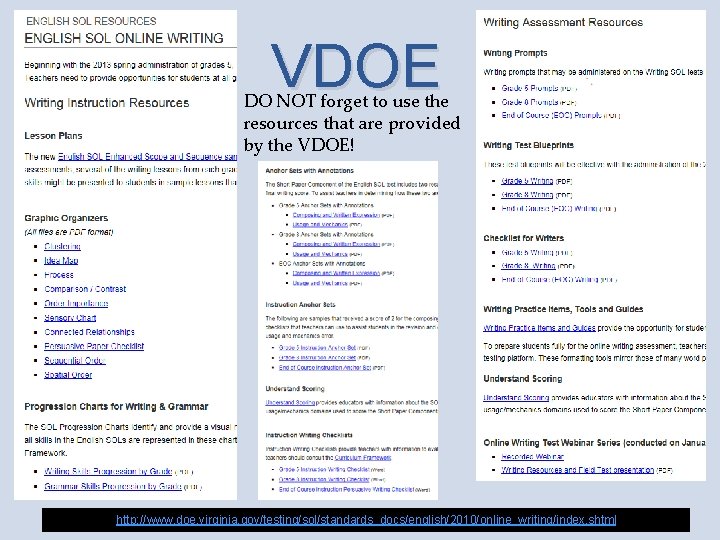 VDOE DO NOT forget to use the resources that are provided by the VDOE!