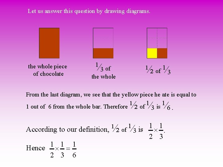 Let us answer this question by drawing diagrams. the whole piece of chocolate 3