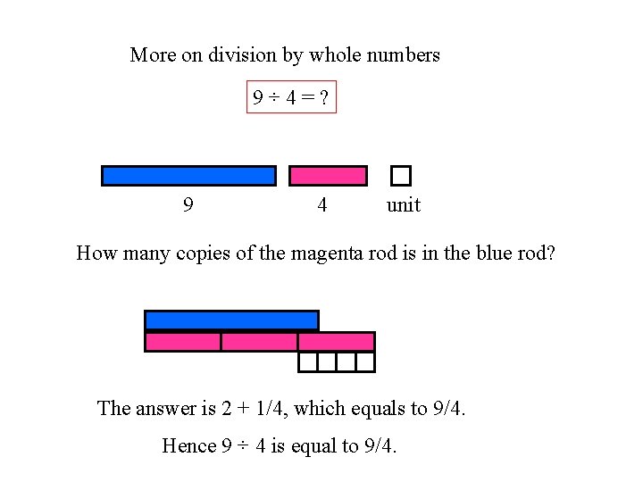 More on division by whole numbers 9 ÷ 4 = ? c 9 4