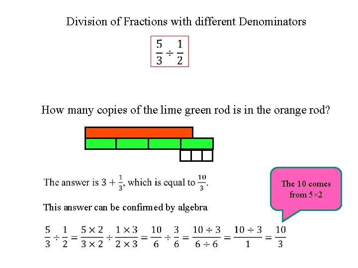 Division of Fractions with different Denominators How many copies of the lime green rod