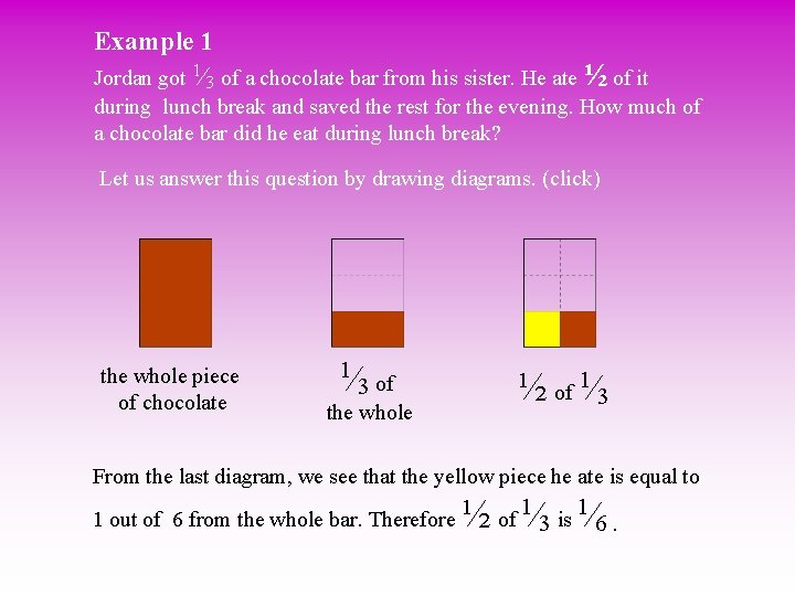 Example 1 Jordan got 1 3 of a chocolate bar from his sister. He