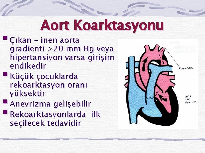Aort Koarktasyonu § Çıkan – inen aorta § § § gradienti >20 mm Hg
