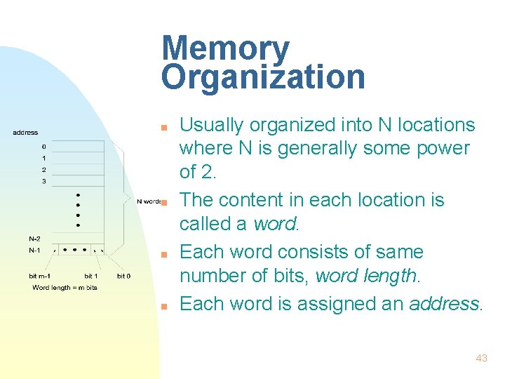 Memory Organization n n Usually organized into N locations where N is generally some