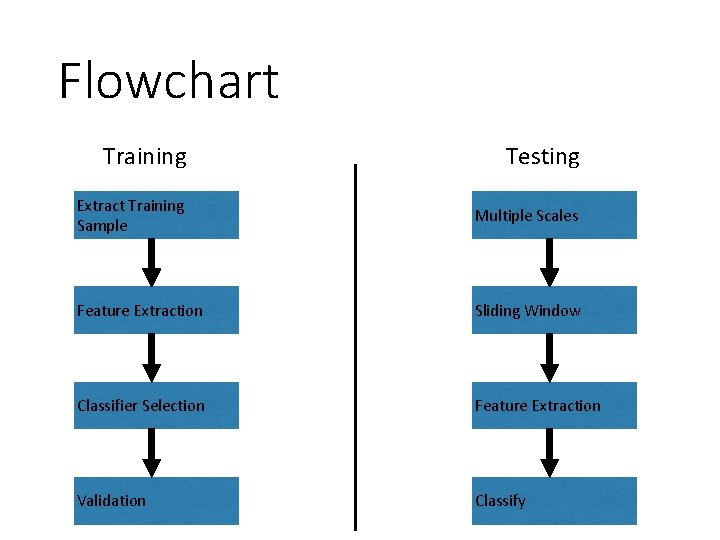 Flowchart Training Testing Extract Training Sample Multiple Scales Feature Extraction Sliding Window Classifier Selection