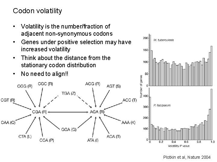 Codon volatility • Volatility is the number/fraction of adjacent non-synonymous codons • Genes under