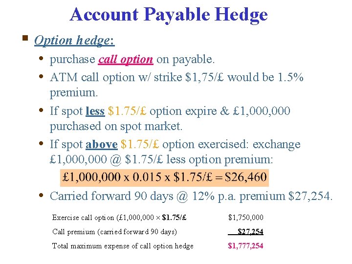 Account Payable Hedge § Option hedge: • purchase call option on payable. • ATM