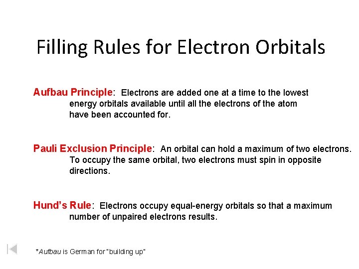 Filling Rules for Electron Orbitals Aufbau Principle: Electrons are added one at a time