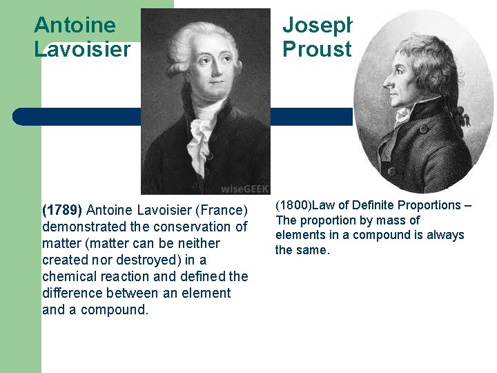 Antoine Lavoisier (1789) Antoine Lavoisier (France) demonstrated the conservation of matter (matter can be